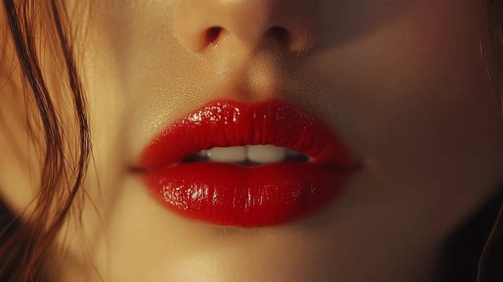 A close-up image of a woman's face, focusing on her lips. The woman's lips are painted a bright red color and are slightly parted, revealing a glimpse of her teeth. The image is soft and sensual, with a focus on the delicate features of the woman's face.  The skin around her mouth is smooth and flawless, and the lighting is warm and inviting. The image captures the beauty and allure of a woman's lips, making them the focal point of the composition.