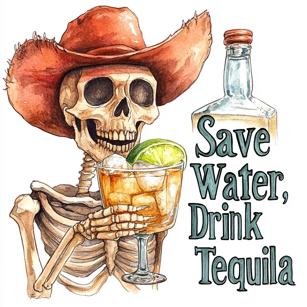 A watercolor illustration of a skeleton wearing a cowboy hat and holding a glass of tequila.  The glass has a lime wedge and ice in it.  The background has the words "Save Water, Drink Tequila". The illustration is a humorous take on the idea of drinking tequila instead of water.
