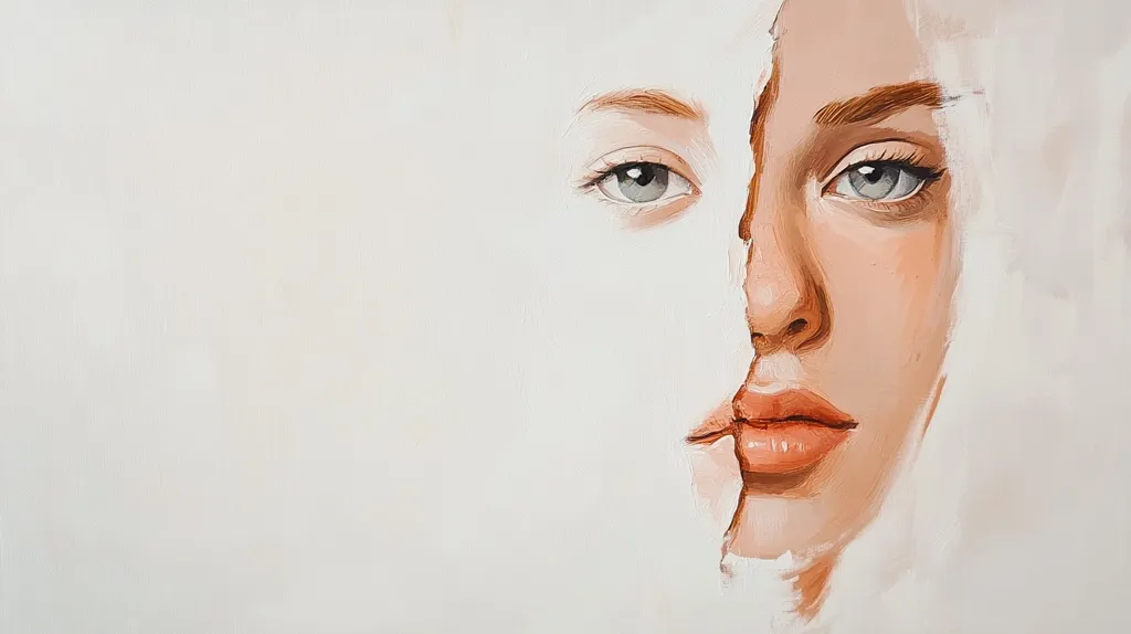 The painting depicts a woman's face, partially obscured by a white background. The right side of her face is visible, showcasing her soft, delicate features. Her blue eyes gaze directly at the viewer, while her full lips are slightly parted, hinting at a sense of mystery. The white background acts as a stark contrast, drawing attention to her facial details and creating a sense of depth.  The painting is executed with a realistic style, emphasizing the smooth contours and subtle shading of her skin.