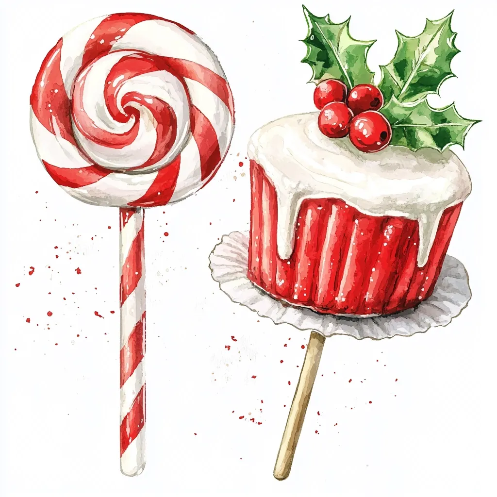 A watercolor illustration of a red and white candy cane lollipop and a red and white cupcake with white frosting and a holly sprig on top. Both are on sticks against a white background with red splatters.  The illustration has a festive, holiday feel.