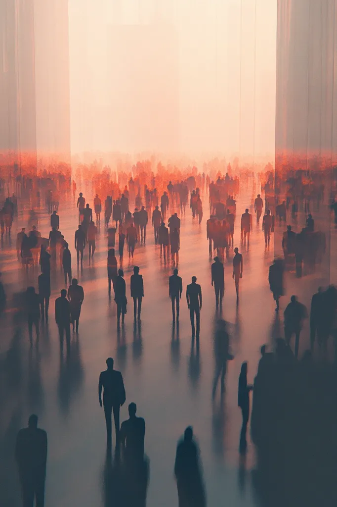 The image depicts a large crowd of people, all silhouetted against a hazy, orange background. They stand in an open space, their figures blending together in a sea of anonymity. The scene evokes a sense of vastness and isolation, with the individuals lost within the mass. The lack of detail in the figures and the hazy background contribute to an air of mystery and ambiguity.