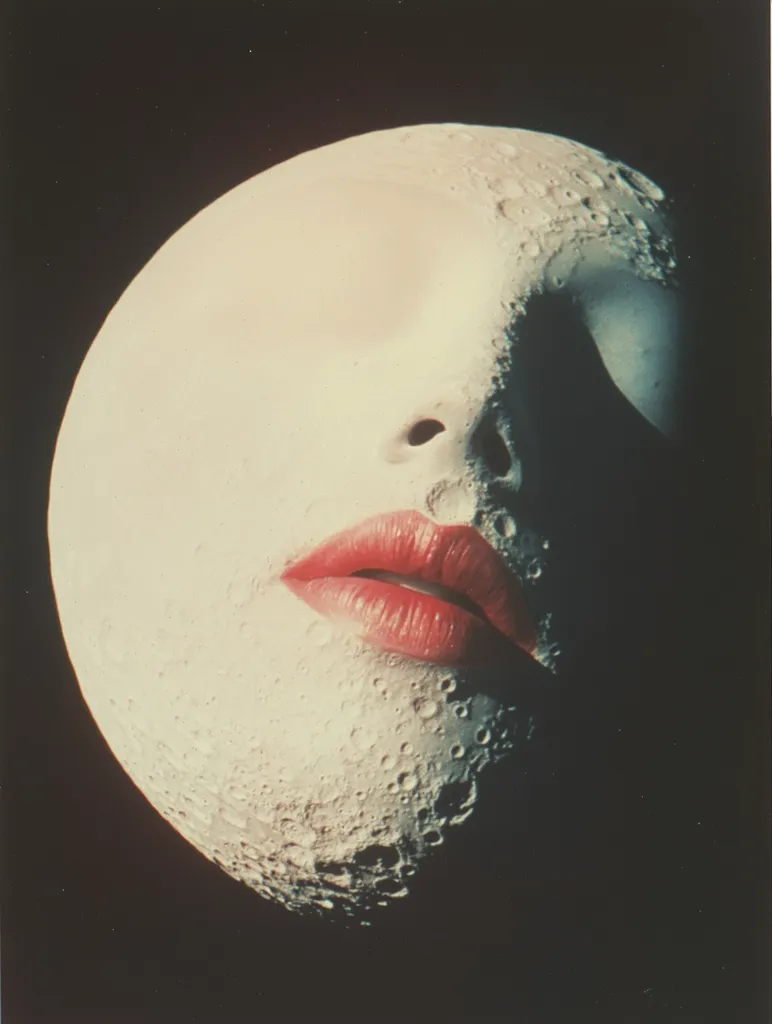 The image shows the moon with a human face superimposed on it. The moon's surface is visible, with craters and other surface features. The face is made up of the same lunar texture, with a prominent, full red lip. The image creates a surreal and intriguing juxtaposition between the celestial and the human.