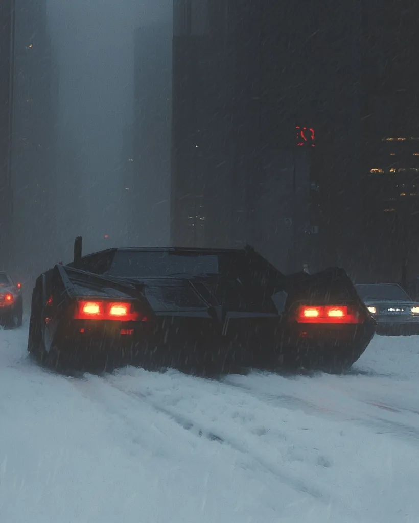 A black car with red taillights drives through a snowy city street. The car is the only vehicle visible in the image. The buildings on either side of the street are tall and dark, and the street is covered in a layer of fresh snow. The scene is lit by the car's headlights and the faint glow of streetlights in the distance. The image has a dark and mysterious feel.