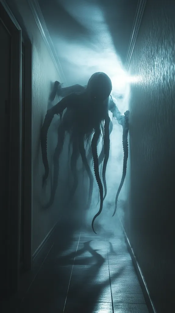 The image shows a shadowy, vaguely humanoid figure with long, tentacle-like limbs in a dark, empty hallway. The figure appears to be slithering along the wall, its shape obscured by smoke or mist. The hallway is dimly lit, with the figure's silhouette casting long, eerie shadows on the floor. The image evokes a sense of unease and mystery, suggesting a lurking danger in the darkness.