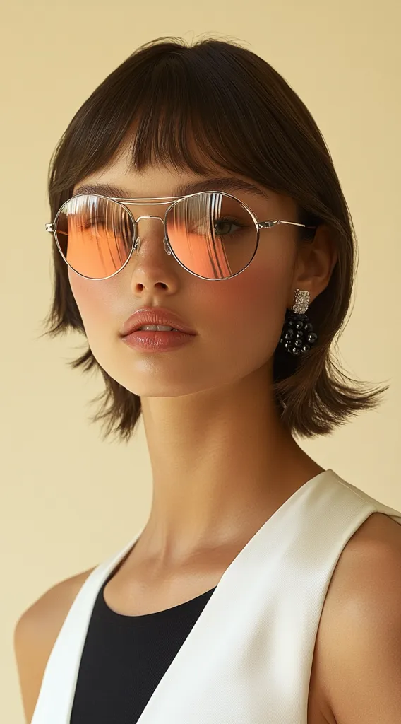 A young woman with short brown hair and a fringe, wearing a white sleeveless top and large round sunglasses with orange lenses. She is looking directly at the camera and her expression is neutral. She is wearing black pearl earrings. The background is a plain beige colour.