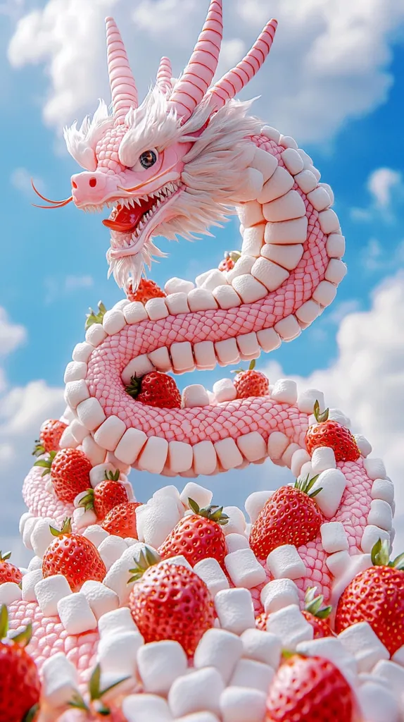 A pink dragon made of marshmallows and decorated with strawberries is curled up against a blue sky with fluffy white clouds. The dragon's head is facing forward with its mouth open, revealing sharp teeth. The dragon's body is covered in white marshmallows and red strawberries. The image is whimsical and playful.