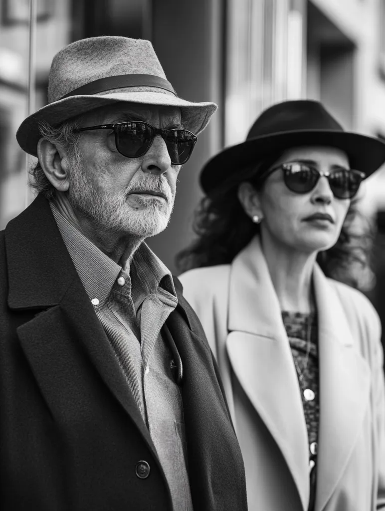 A man and a woman stand side by side in a black and white image. The man wears a fedora and sunglasses, a button-down shirt, and a jacket. The woman wears a hat, sunglasses, and a collared coat. They are both looking forward with serious expressions. The background is out of focus, but it appears to be a city street.
