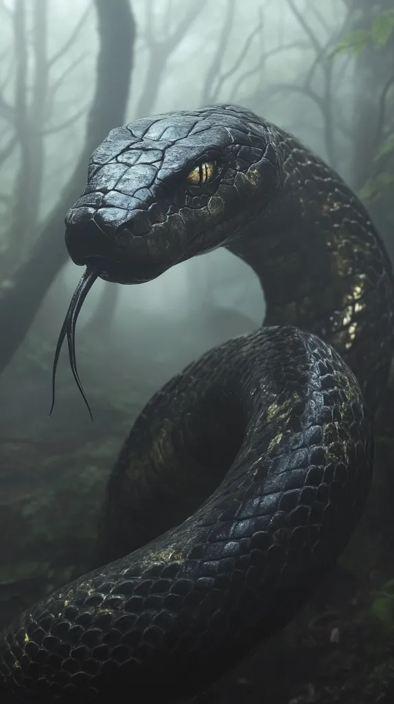 The image depicts a large, black snake with a yellow eye, slithering through a dark and foggy forest. The snake's scales are visible, and its forked tongue is extended. The scene is ominous and suggests danger lurking in the shadows. The blurry background creates a sense of depth and mystery. The snake's presence in the forest is both captivating and unsettling.