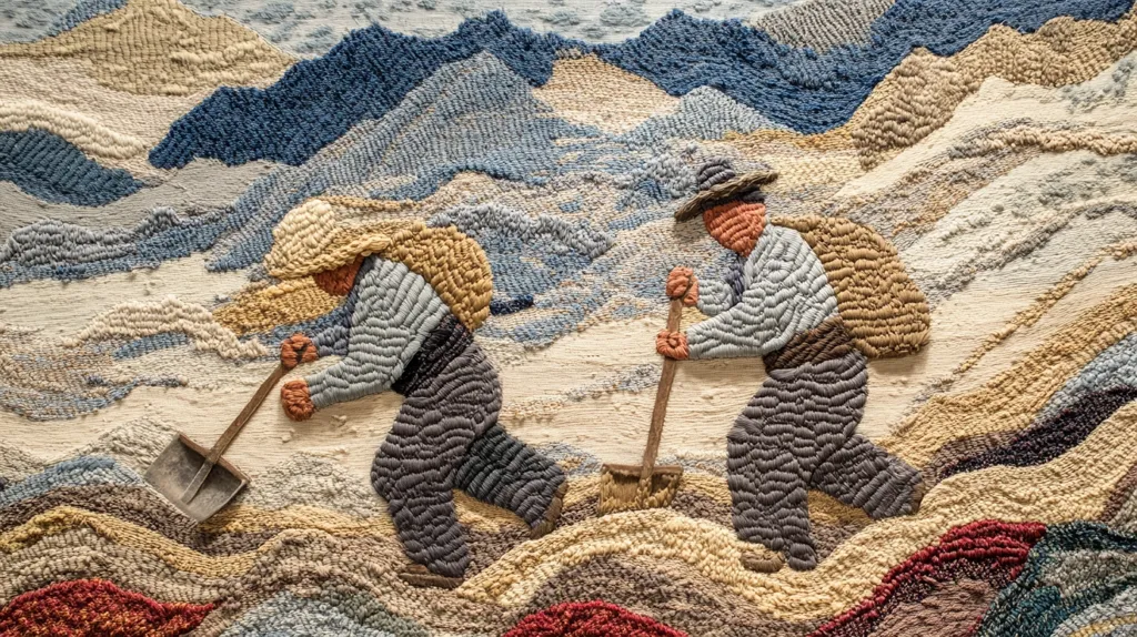 A close-up shot of a tapestry depicting two figures in a mountainous landscape. The figures are rendered in textured yarn, and appear to be wearing heavy coats and carrying shovels. The background is a swirling landscape of blue, brown, and beige hues, suggesting a mountainous terrain. The texture of the yarn creates a tactile quality, emphasizing the three-dimensional nature of the artwork.