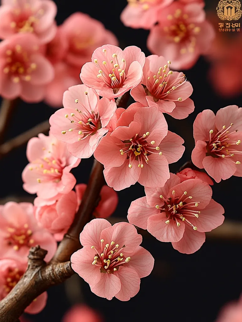 A close-up of delicate, pale pink blossoms on a branch. The flowers are in full bloom, with their petals unfurling gracefully. The background is a soft, blurred black, creating a striking contrast with the vibrant blooms. The image captures the beauty of springtime in nature.