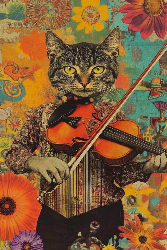 The image is a colorful collage featuring a cat playing a violin. The cat has a human-like body, wearing a colorful patterned shirt and black pants. The violin is held with the cat's right paw and the bow is held with the left paw. The background is a mix of floral patterns and abstract shapes. The colors are vibrant and saturated, creating a whimsical and surreal atmosphere.