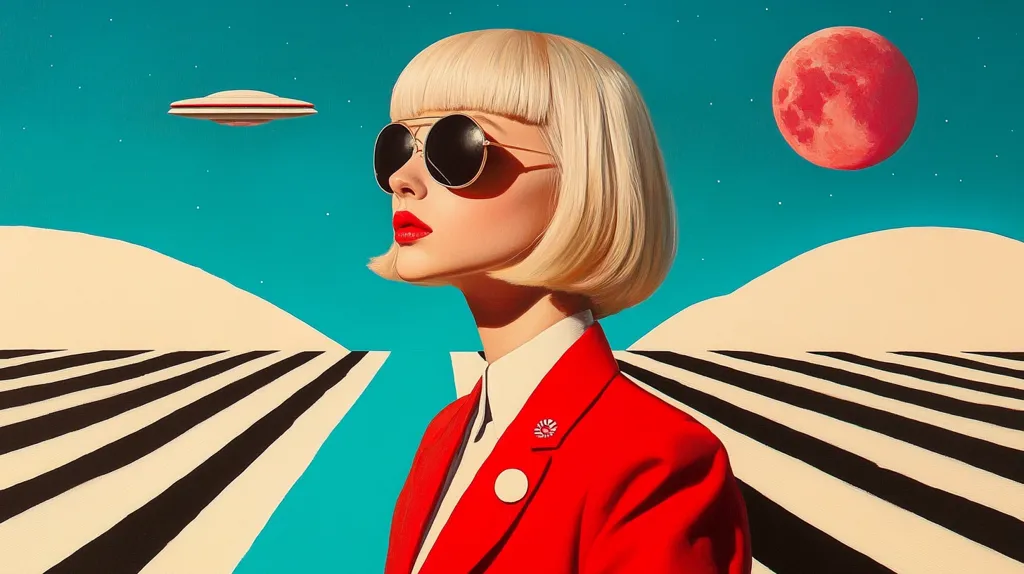 A woman with a bobbed blonde hairstyle, wearing large round sunglasses and a red blazer, looks off to the side. The background features a blue sky with a large, red moon, a flying saucer, and black and white stripes leading to beige hills.  The image is reminiscent of a retro, futuristic style.
