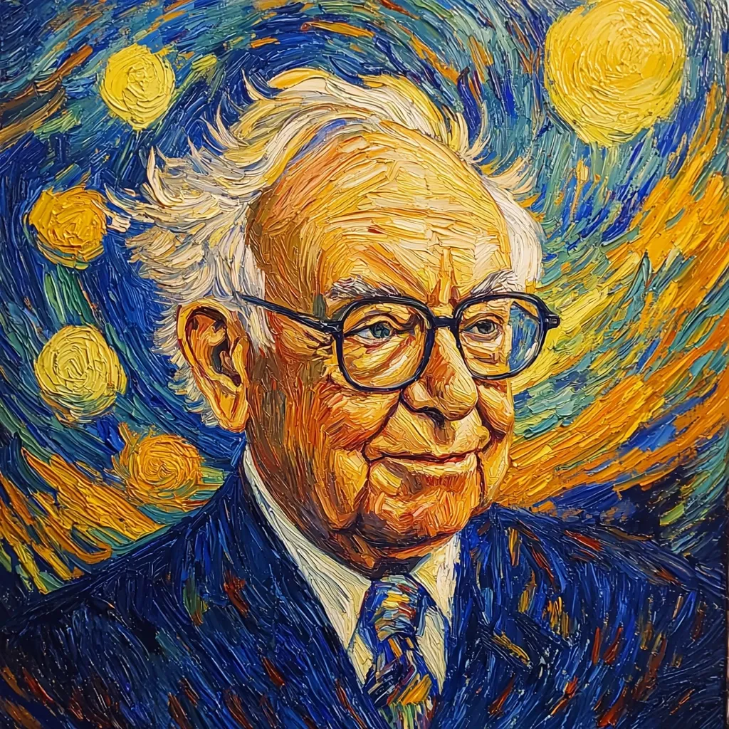 The painting is a portrait of an older man, painted in a style reminiscent of Van Gogh's "Starry Night". The man is depicted with a kind, gentle smile, his face illuminated by a warm, yellow light. He wears glasses and a dark blue suit. The background is a swirling vortex of blues and yellows, with bright yellow circles resembling stars. The painting's thick brushstrokes create a textured and expressive surface, capturing the man's character with depth and warmth.