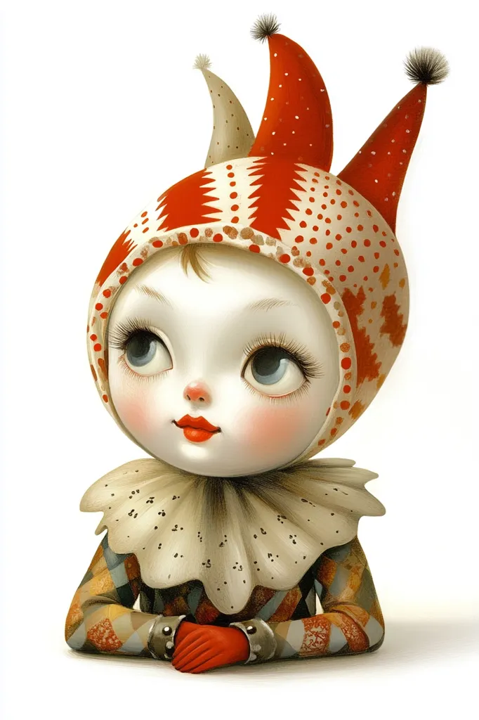 The image is a portrait of a doll with a large head and a whimsical expression. She is wearing a red and white jester's hat with three pointy tips. Her outfit is a colorful patterned dress with a large white collar.  She has large, wide-set eyes, rosy cheeks, and a sweet, playful smile.  She has her arms crossed and is looking directly at the viewer. The background is a simple white, allowing the doll to be the focal point of the image.