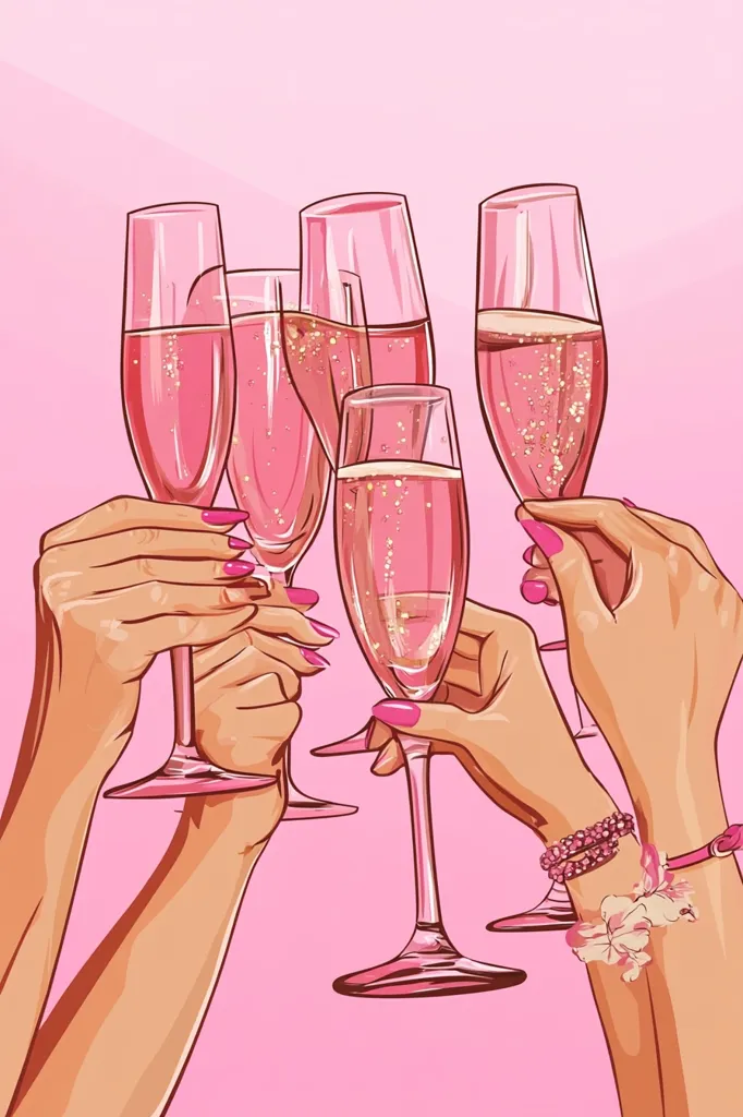 Four champagne flutes filled with pink sparkling wine are being held up by four hands against a pink background. The flutes are clear glass with gold flecks in the wine. The hands are all female and have manicured nails. The image is a celebration of friendship and joy.