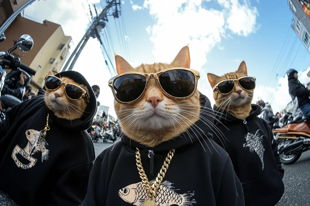 Three cats are wearing sunglasses, hoodies, and gold chains. They look cool and stylish, standing in front of motorcycles and a cityscape in the background. The image is taken from a low angle, giving a unique perspective. The cats' serious expressions and fashionable attire create a humorous and unexpected scene.