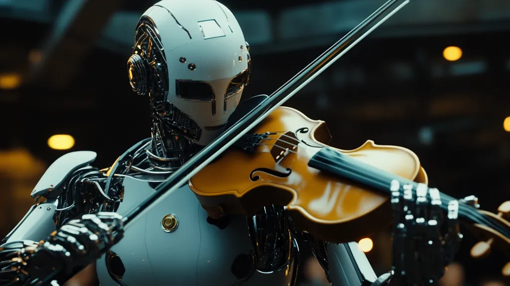 A humanoid robot with a white helmet and exposed metallic gears plays a violin. The robot's metallic hand holds the bow, and its other hand is on the violin's body. The violin is golden-brown and is in focus, while the robot's head and body are slightly out of focus. The background is blurry and dark, with some lights visible. The image has a futuristic and artistic feel.  The scene depicts the intersection of technology and art, raising questions about the future of creativity and expression.