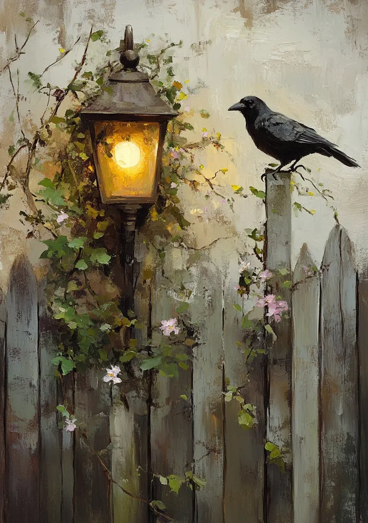 A crow perches on a wooden fence post, watching a glowing lamppost. The lamppost is surrounded by green vines and small pink flowers. The fence and background are weathered and painted in muted tones, creating a sense of tranquility. The image is painted in a realistic style with soft, painterly brushstrokes.