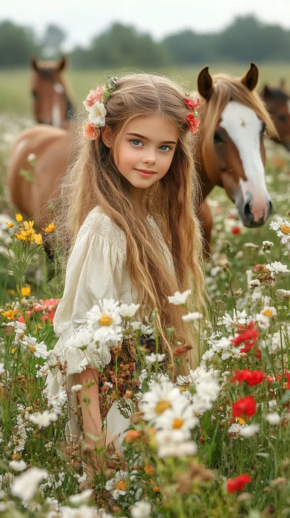 Realistic photo of a beautiful girl of 8 years old, dark blonde long hair, blue eyes and cute smile, walking in a field with little horses, surrounded by flowers of white, red, yellow, green and brown colors, in the style of tual de jouy, in the style of Alphonse Maria Mucha, with floral patterns, thin neat outline like in historical books, and vintage typography --p srf4o1c --s 300 --ar 9:16 --v 6.1