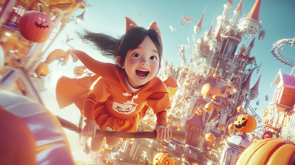 A young girl dressed as a witch, with an orange cape and a pumpkin on her chest, flies on a broomstick through a whimsical, Halloween-themed city. She's smiling joyfully as she soars past buildings adorned with pumpkins and other festive decorations. The sky is filled with bats and a sense of playful excitement fills the scene.