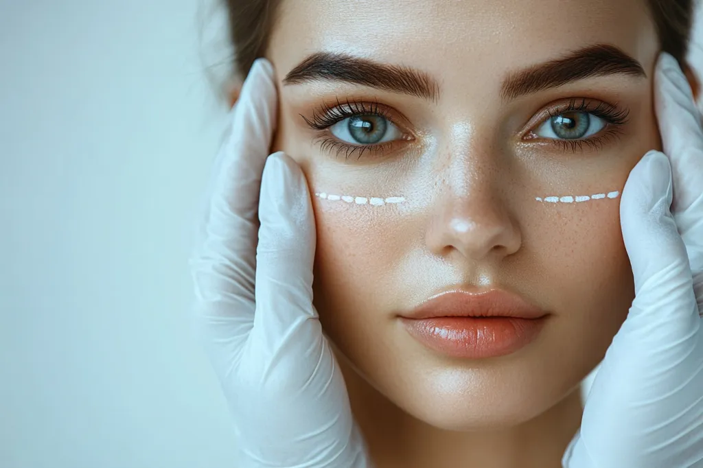 A close-up of a woman's face. She has white markings on her face, possibly for a cosmetic procedure. She is looking at the camera with a neutral expression. She has long, dark eyelashes and blue eyes. Her hands are gloved. The background is a light blue.