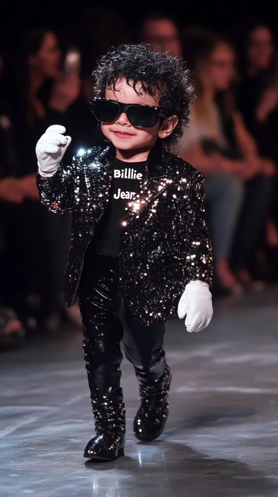 A young boy, wearing a black sequined jacket, black pants, and black boots, walks down a runway. He is wearing white gloves and dark sunglasses. The boy has a serious expression on his face. The background is blurred and out of focus. The boy's shirt says "Billie Jean".