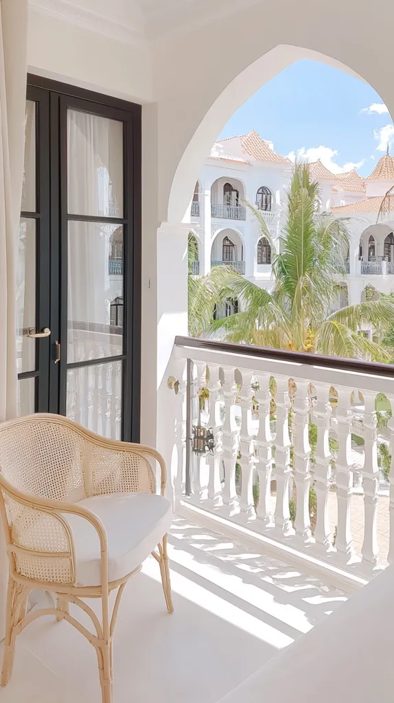 A white, wicker chair sits on a balcony overlooking a white, ornate building with a palm tree in the foreground. The balcony has a white, decorative railing. The image is taken from inside the balcony, looking out. The scene is bright and sunny with a clear blue sky.  The view is serene and tranquil.