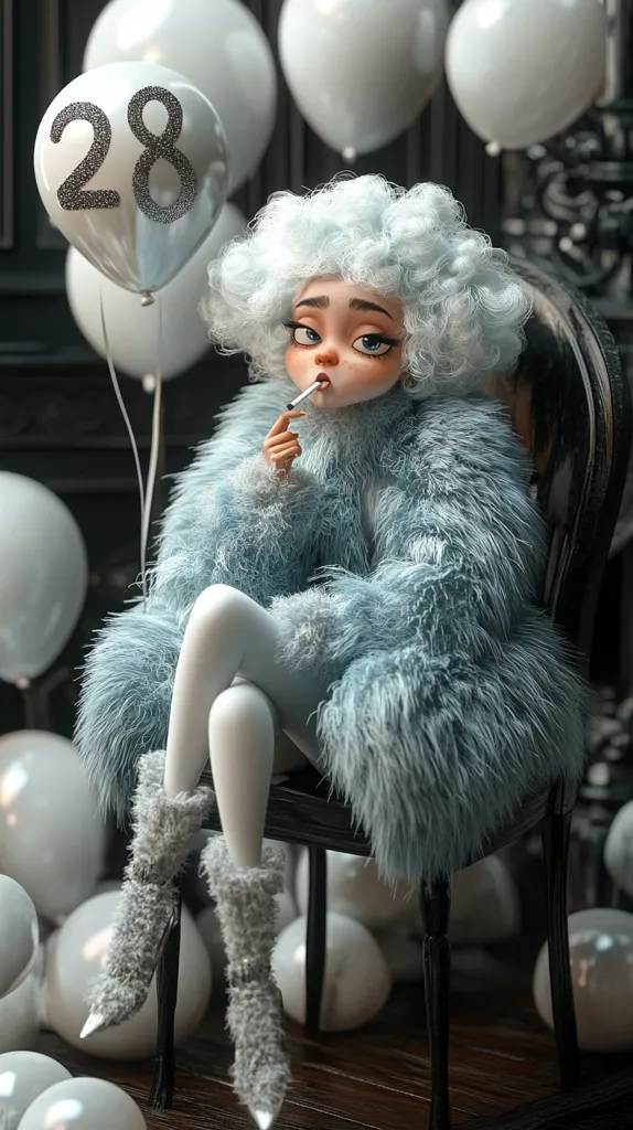 A young woman with blue hair and a fluffy, light blue coat sits on a black chair, surrounded by white balloons. She has a thoughtful expression and holds a cigarette in her hand, suggesting a sense of coolness and sophistication. The image conveys a glamorous and chic atmosphere, with a hint of rebellion.