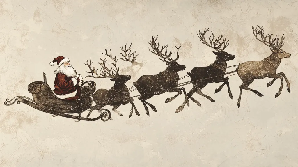 The image depicts Santa Claus riding in a sleigh pulled by four reindeer against a light beige background. The reindeer are in silhouette, with their antlers and bodies outlined in black. Santa is dressed in his traditional red suit and white beard, and he is holding the reins of the sleigh. The image evokes a sense of holiday cheer and wonder, with the reindeer flying through the air as Santa delivers presents.