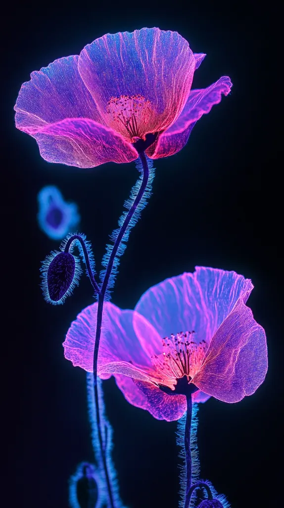 Two delicate poppy flowers, one in full bloom and one in bud, stand out against a black background. They are illuminated in vibrant shades of pink and purple, creating an ethereal and otherworldly effect. The thin, fuzzy stems add to the whimsical nature of the image.