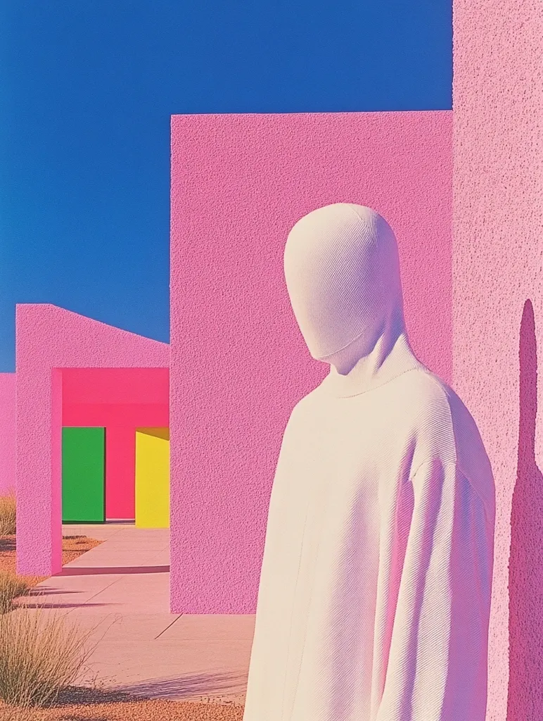 A figure, wearing a white turtleneck sweater and a white hood, stands in front of a pink wall. The figure is facing away from the viewer. The background shows a pink building with colorful doorways leading into a walkway. The sky is a vibrant blue.  The image is a minimalist and abstract composition with a focus on color and form.