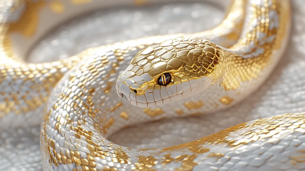 A close-up of a snake with white and gold scales. The snake is coiled up, and its head is facing the viewer. The snake's eye is visible and is a dark brown color. The scales on the snake's body are shiny and reflect light. The background is a blurry white.  The snake appears to be a computer-generated image.