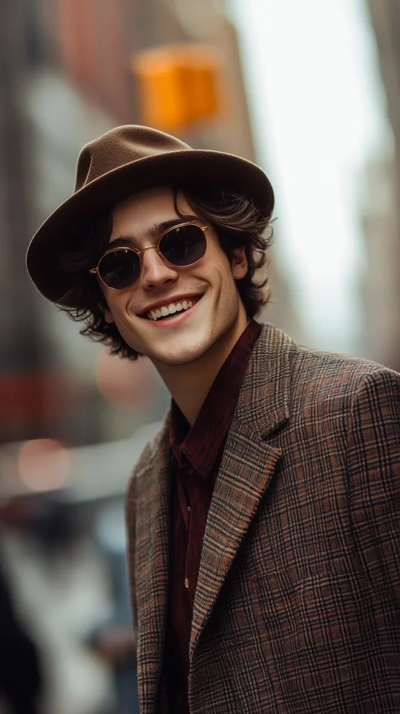A young man with dark hair and a warm smile is wearing a brown fedora, round, gold-rimmed sunglasses, a brown plaid jacket, and a dark red collared shirt. The background is blurred, suggesting an urban setting. The man's confident posture and stylish attire convey a sense of modern fashion.