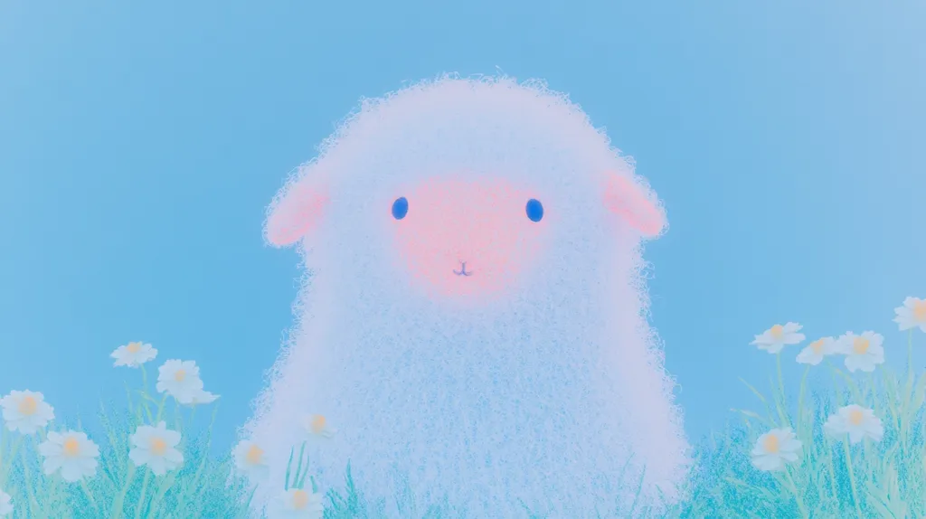A fluffy white lamb with pink cheeks and blue eyes stands in a field of white flowers, against a bright blue sky. The image has a soft, pastel color palette, giving it a whimsical and gentle feel. The lamb's fur is drawn with a textured brushstroke, creating a sense of softness and warmth. The flowers and grass around the lamb are also painted with a delicate touch, adding to the overall sense of peace and tranquility.