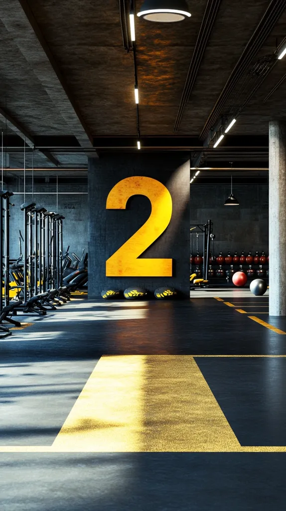 The image shows the interior of a gym with a large, yellow number "2" painted on a concrete wall. The gym is empty, except for some workout equipment in the background, and the floor is made of polished concrete with yellow markings. There are several track lights on the ceiling, providing a cool, industrial feel. The lighting casts long shadows on the floor, adding to the sense of space and emptiness.  The image is a minimal yet stylish representation of a fitness space.