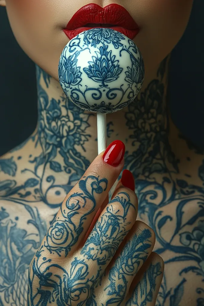 A woman with a full body tattoo of a blue and white floral pattern is holding a blue and white patterned cake pop in her hand. She is wearing red lipstick and red nail polish. The cake pop is in front of her mouth, and the picture is close-up.
