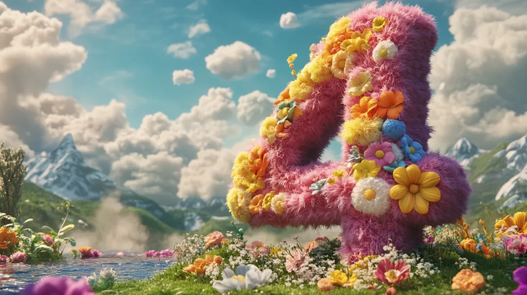 A fluffy pink number four, adorned with colorful flowers, stands in a field of wildflowers. The backdrop is a picturesque mountain range with a misty stream flowing through the lush valley. The sky is a vibrant blue with fluffy white clouds. The scene evokes a sense of whimsy and wonder, celebrating the beauty of nature.