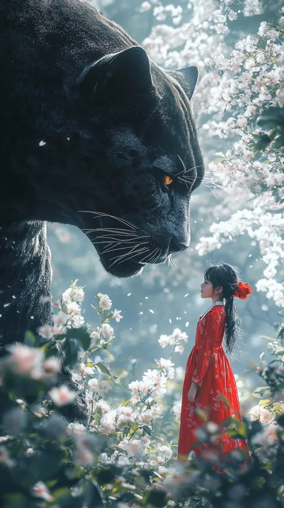 A large black panther stands in a field of white blossoms, its golden eyes locked on a young girl in a red dress. The girl stands frozen, gazing up at the panther with a mix of fear and fascination. The scene is full of mystery and intrigue, suggesting a story about the unexpected encounter between human and animal.  The light filtering through the blossoms creates a magical atmosphere.  The contrast of the colors adds to the overall impact.