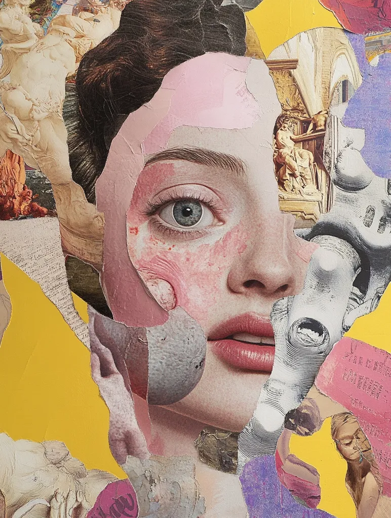 The image is a collage of various images and textures. It features a woman's face with large, blue eyes, pink lips, and a section of her face missing, revealing a yellow background and other fragmented images. There are various shades of pink, purple, and yellow throughout the collage, creating a multi-layered and fragmented aesthetic. The image appears to be abstract and experimental, showcasing the artist's unique style.