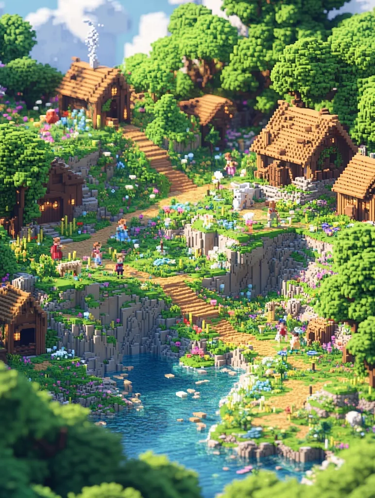 A pixelated village nestled in a lush, green forest with winding paths and a flowing river. Wooden houses with thatched roofs are dotted throughout the landscape, surrounded by vibrant wildflowers. The scene exudes a charming and whimsical atmosphere, reminiscent of a fairytale setting.