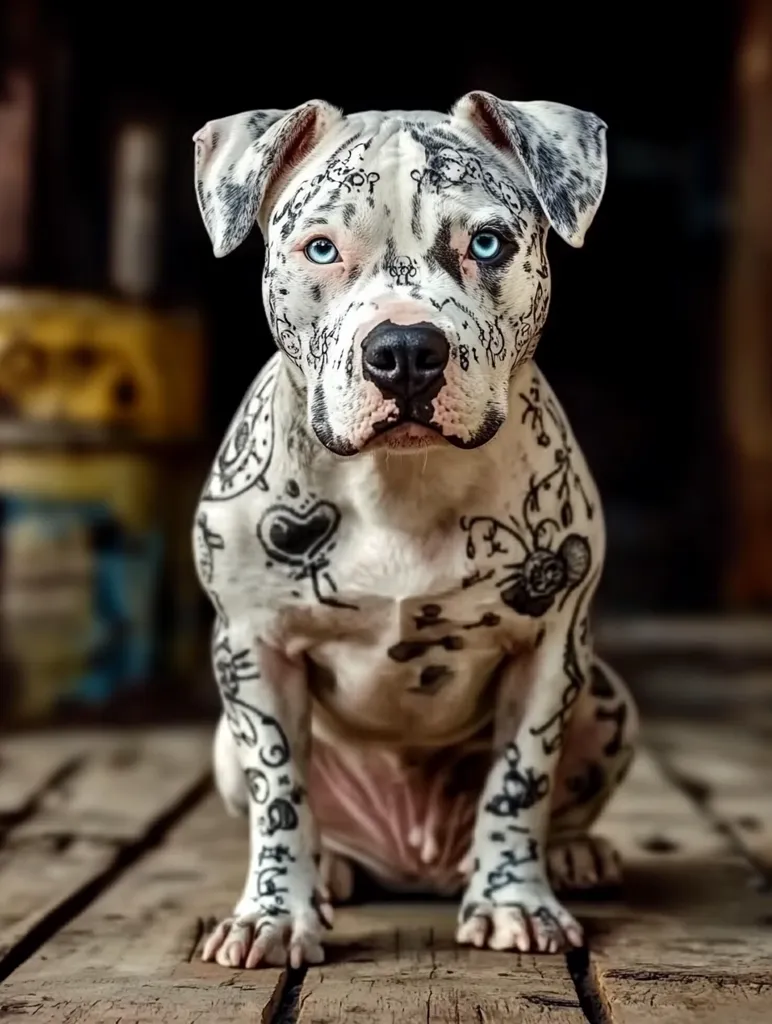 A white and black pit bull terrier sits on a wooden floor. The dog is covered in black ink tattoos, including flowers, hearts, and other designs. It has bright blue eyes and a serious expression. The background is blurry and out of focus. The dog's fur is short and smooth.  The tattoos appear to be drawn on with a marker.