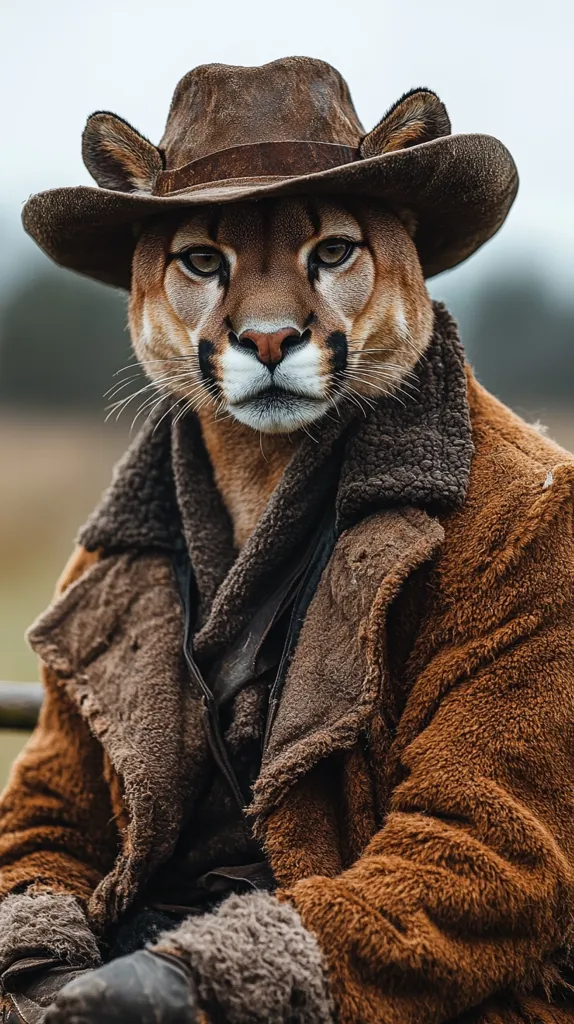 A mountain lion, wearing a brown cowboy hat and a brown fuzzy coat, looks directly at the camera. It has a serious expression on its face and is dressed in a style that suggests the Wild West. The image is taken close up, focusing on the animal's face and attire.
