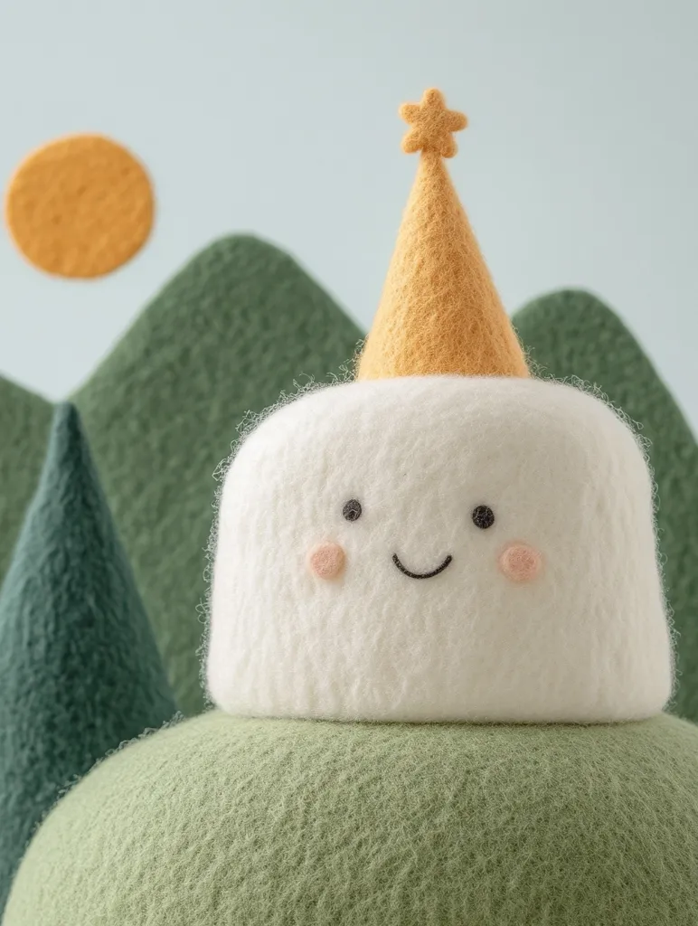 A white, fuzzy, smiling figure with a yellow star-topped hat sits atop a green hill. It is set against a backdrop of green hills and a bright yellow sun. The scene evokes a sense of whimsy and happiness. The textures of the felt and the fluffy clouds create a soft and inviting atmosphere.