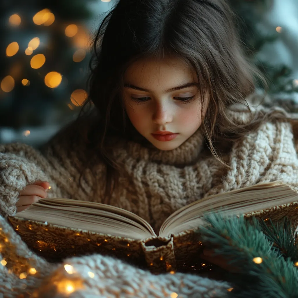 A young girl with long, dark hair is engrossed in a book, her face lit by the warm glow of fairy lights. She is wearing a cozy, knitted sweater, and the book is open to reveal its yellowed pages. The image captures a moment of quiet contemplation and the magic of storytelling.