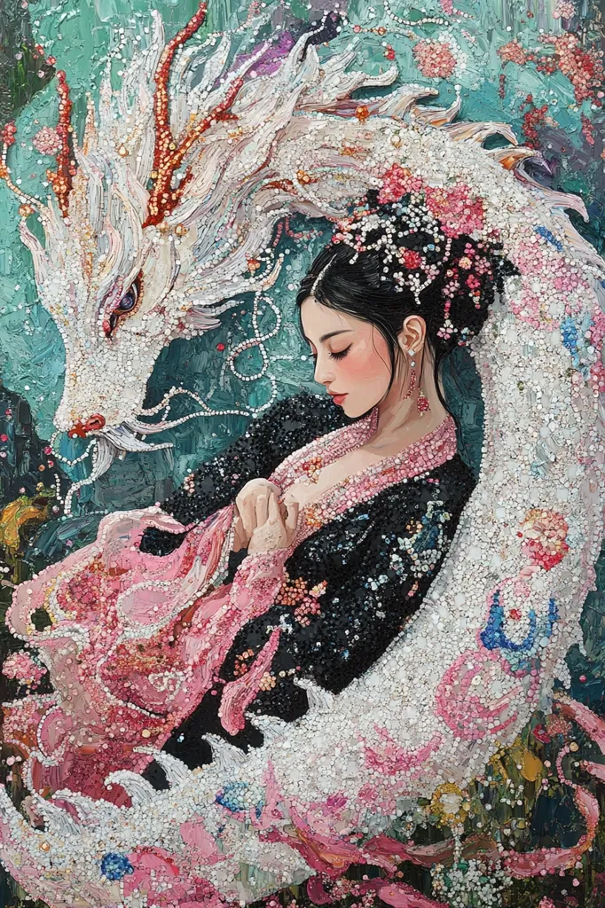 The image depicts a young woman in a black dress adorned with flowers, embraced by a large, white, pearl-like dragon. The woman's hair is styled with flowers and pearls, and she gazes down with a soft expression. The scene is rendered in a detailed, mosaic-like style, giving the impression of a textured, intricate surface. The overall atmosphere is dreamy and romantic, with the dragon and the woman creating a sense of harmony and unity.