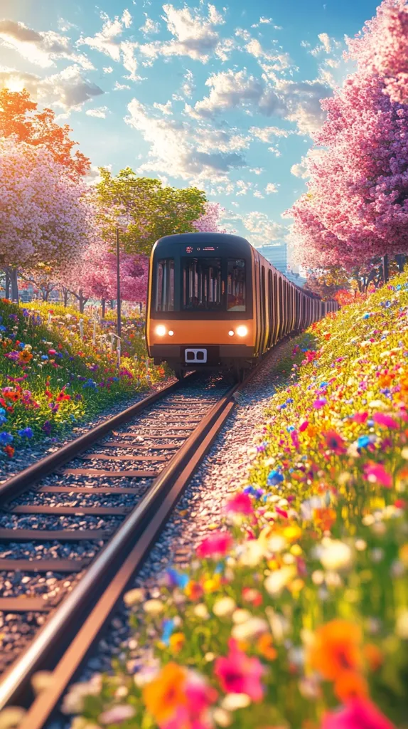 A yellow train travels through a field of colorful wildflowers. The train is moving towards the viewer, with a blue sky and fluffy white clouds overhead. The train is surrounded by lush greenery, and there are cherry blossom trees in the background. The scene is bathed in warm sunlight, creating a sense of peace and tranquility.