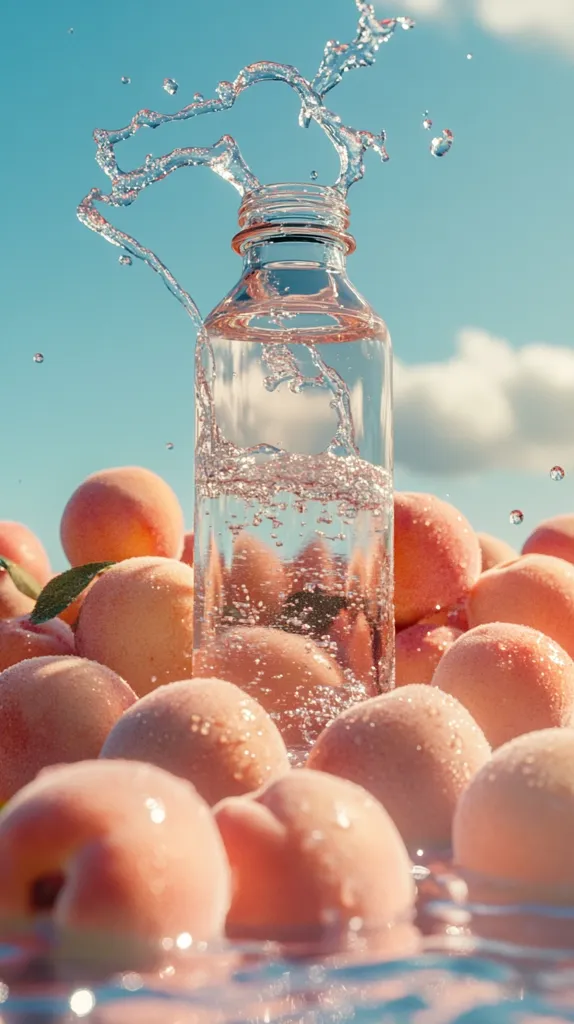 A glass bottle of water is surrounded by ripe peaches. The water is splashing out of the bottle and creating a spray of droplets that are glistening in the sunlight. The image is bright and vibrant, with a cheerful and refreshing mood. The peaches and the water suggest a delicious and thirst-quenching drink.