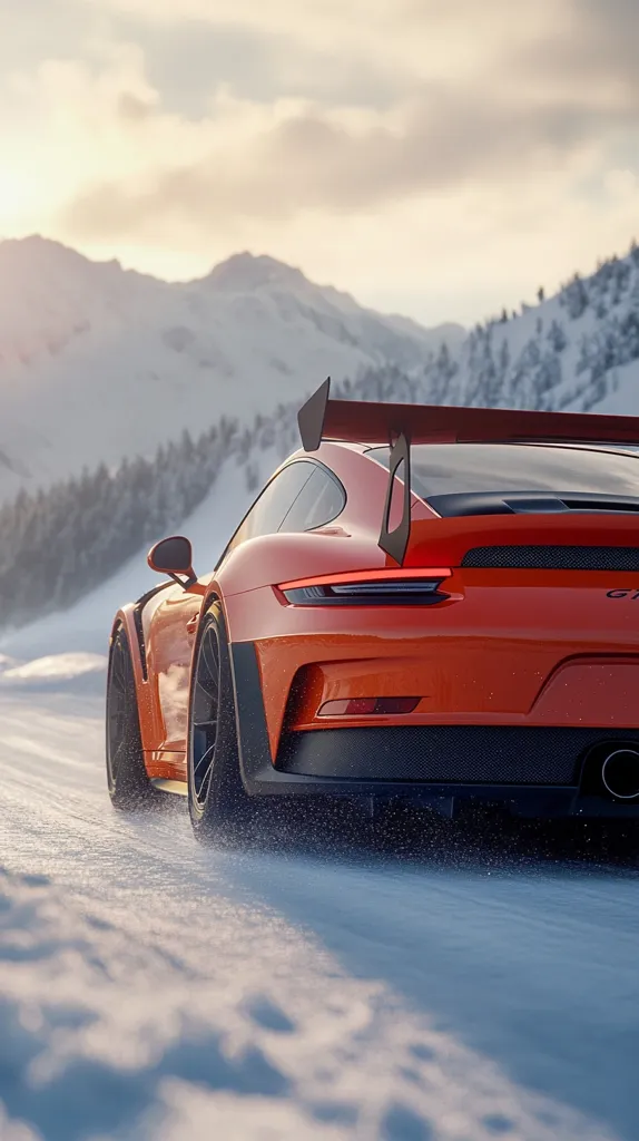 A bright orange Porsche 911 GT3 RS with a large rear wing is driving on a snow-covered road. The car is facing away from the camera, but we can see its rear bumper, taillights, and rear tire. The car is leaving tire tracks in the snow, and the background features snowy mountains and a forest.  The sky is a pale blue with a hint of pink from the setting sun. The scene is both powerful and peaceful.