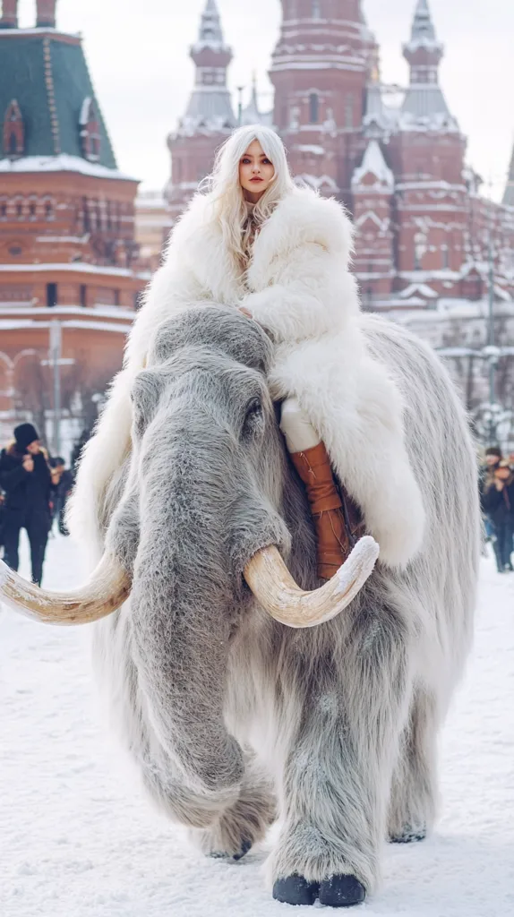 A woman in a white fur coat rides a large, furry, gray mammoth-like creature. The creature has long, curved tusks and is walking on snow. The woman's blonde hair flows down her back, and she is looking straight ahead. The background features a red brick building with a snowy roof. The scene is whimsical and magical.