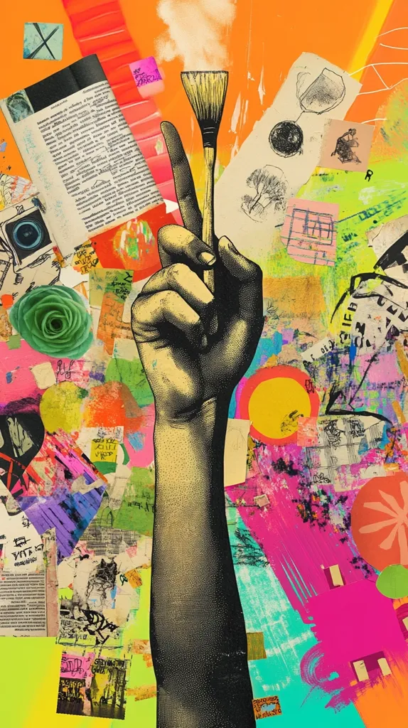 A hand holding a paintbrush extends from the bottom of the image. The hand is stylized in a bold black outline against a bright orange background. Around the hand is a collage of colorful shapes and textures, including a rose, a palm tree, a page of text, and a cloud of smoke. The hand and brush are the central focal point of the image. The colors and textures create a sense of movement and energy, suggesting a creative process in progress.